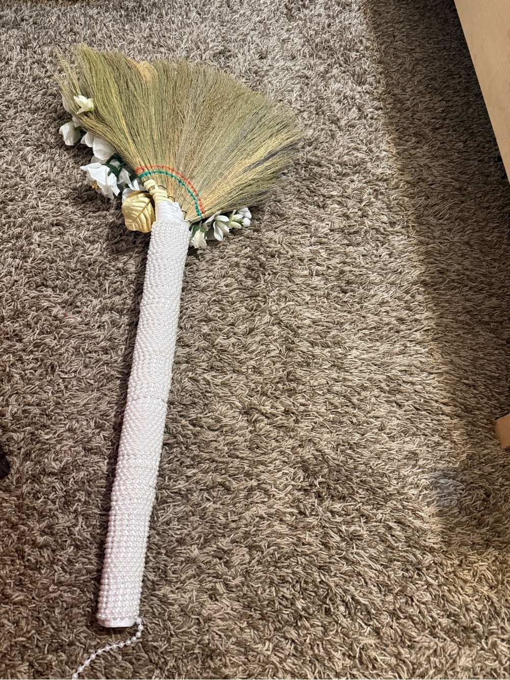 Handcrafted Decorative Beaded Palm Broom - White Handle, Natural Straw